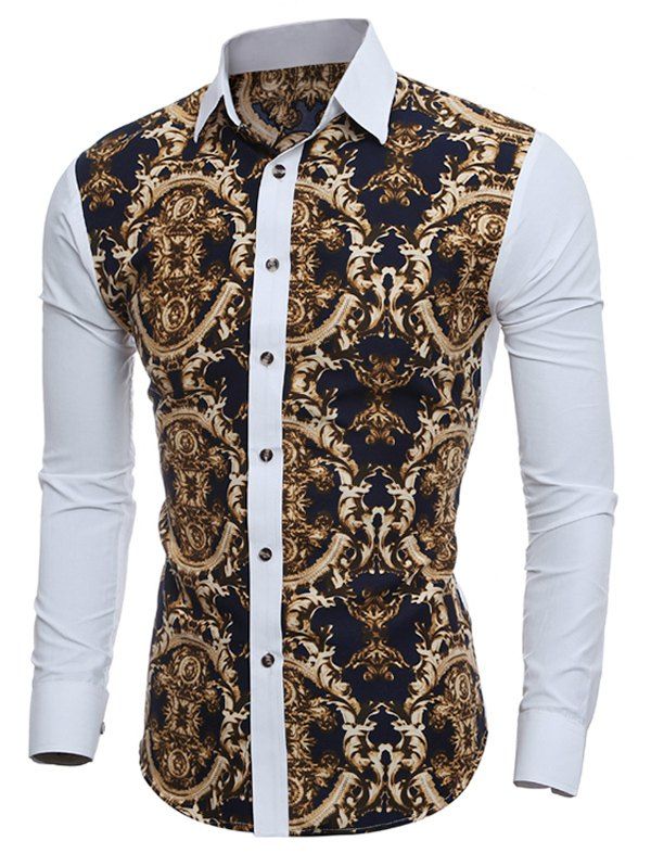 

Baroque Print Long Sleeve Button Down Shirt, White