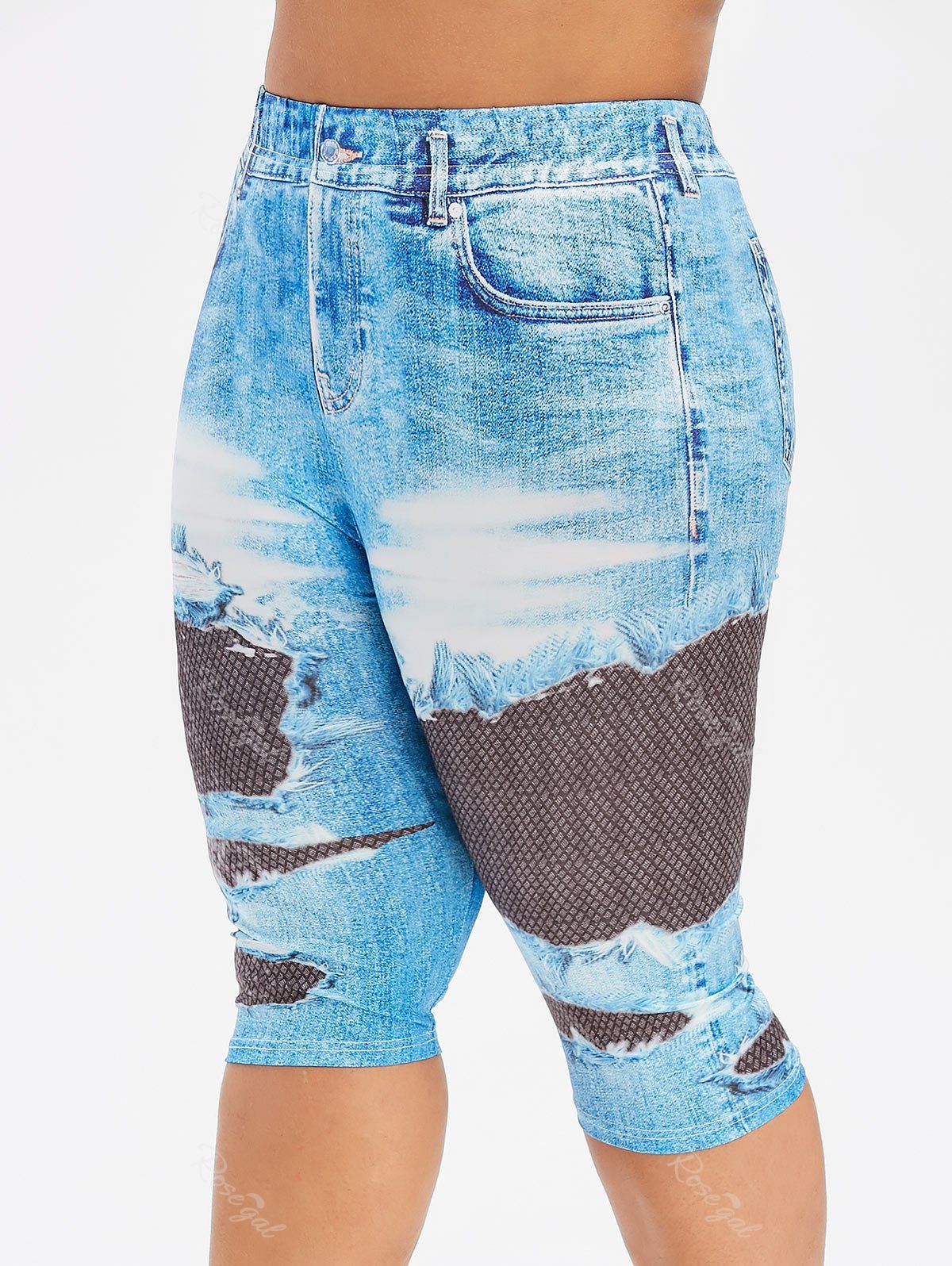 

Plus Size Fishnet Print Capri 3D Jeggings, Blue gray