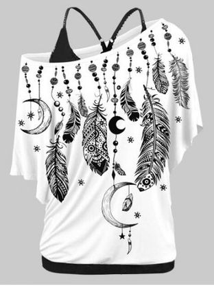 Plus Size Feather Print Skew Neck T-shirt and Tank Top Set