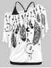 Ensemble de T-shirt Plume Imprimée de Grande Taille à Col Oblique et de Débardeur - Blanc 1X