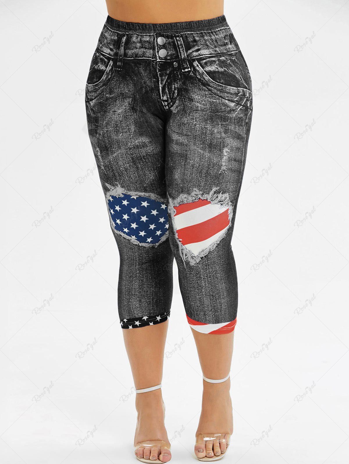 

Skinny American Flag 3D Capri Plus Size Jeggings, Black