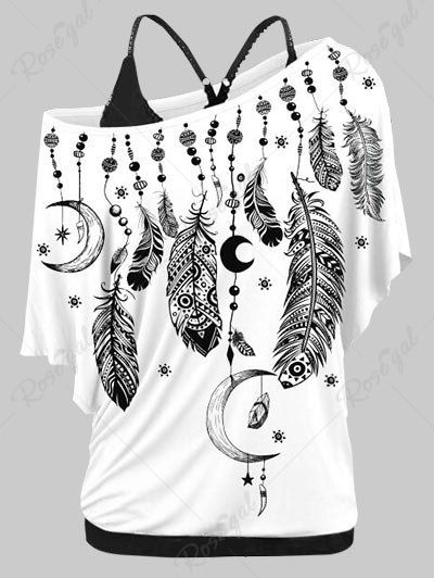 Affordable Plus Size Feather Print Skew Neck T-shirt and Tank Top Set  