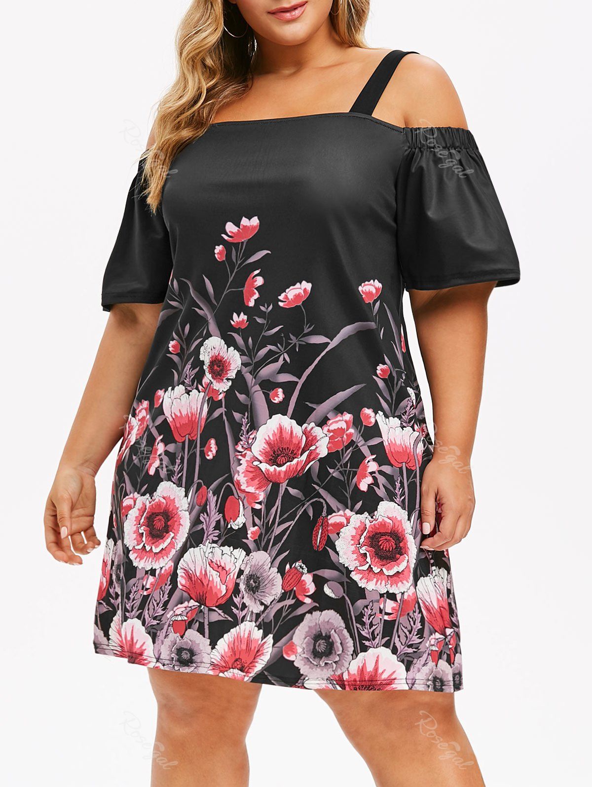 

Plus Size Floral Print Cold Shoulder Dress, Black