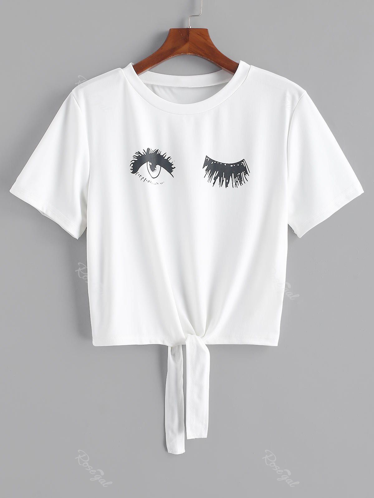 

Plus Size Front Tie Eye Print Cropped Graphic T-shirt, White
