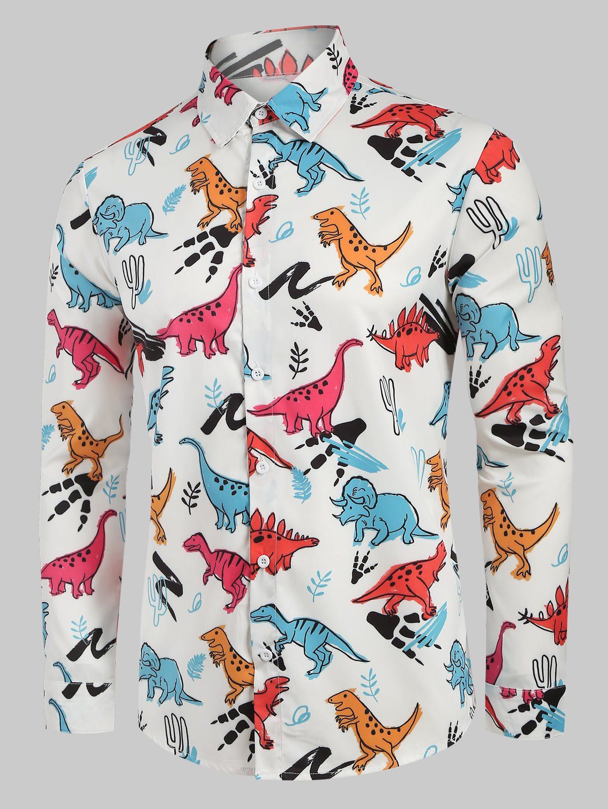 

Dinosaur Animal Graphic Print Button Shirt, White