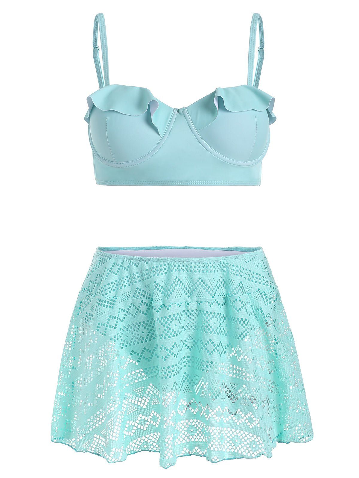 

Ruffles Solid Color Skirted Bikini Swimsuit, Light aquamarine
