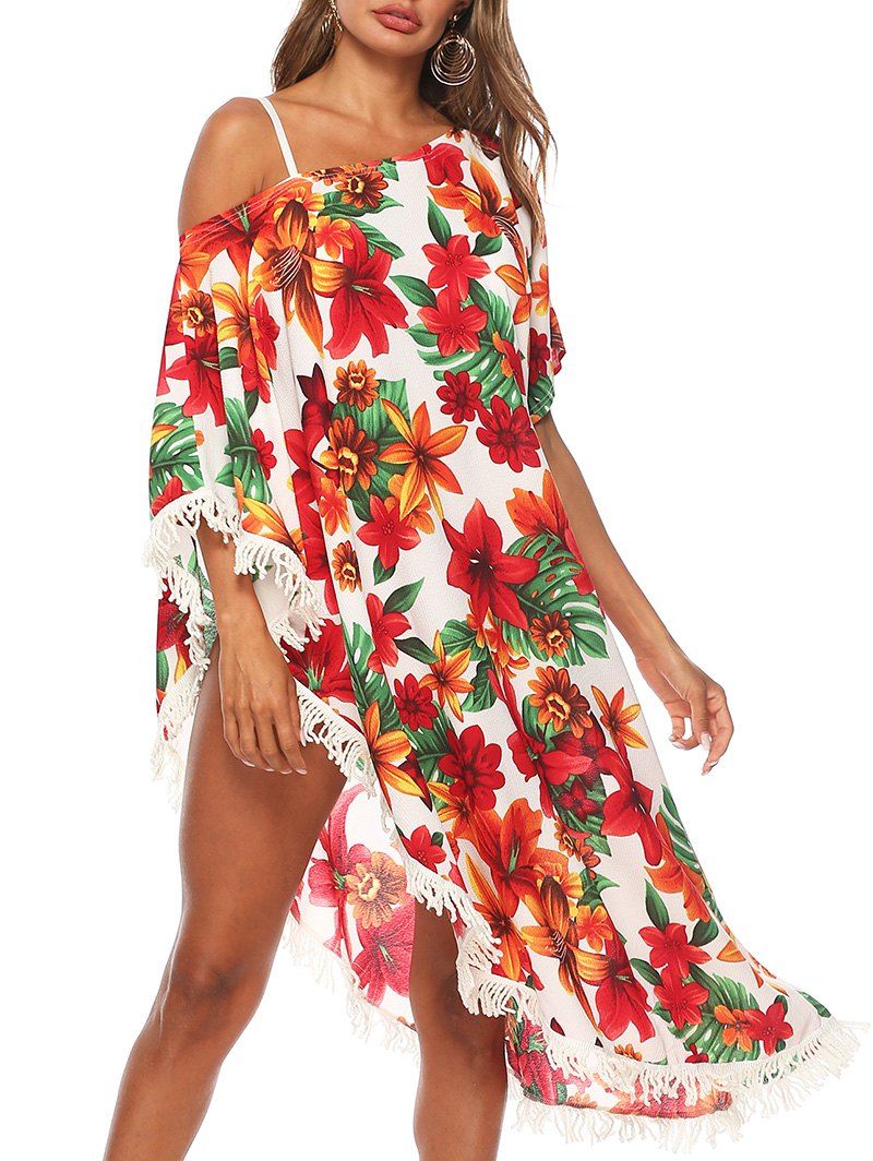 

Floral Fringed Asymmetrical Cover Up Dress, Multi