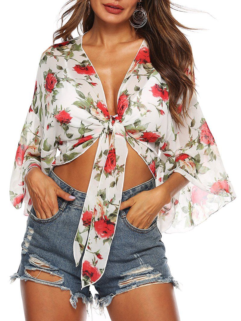 

Floral Chiffon Tie Front Crop Top, White