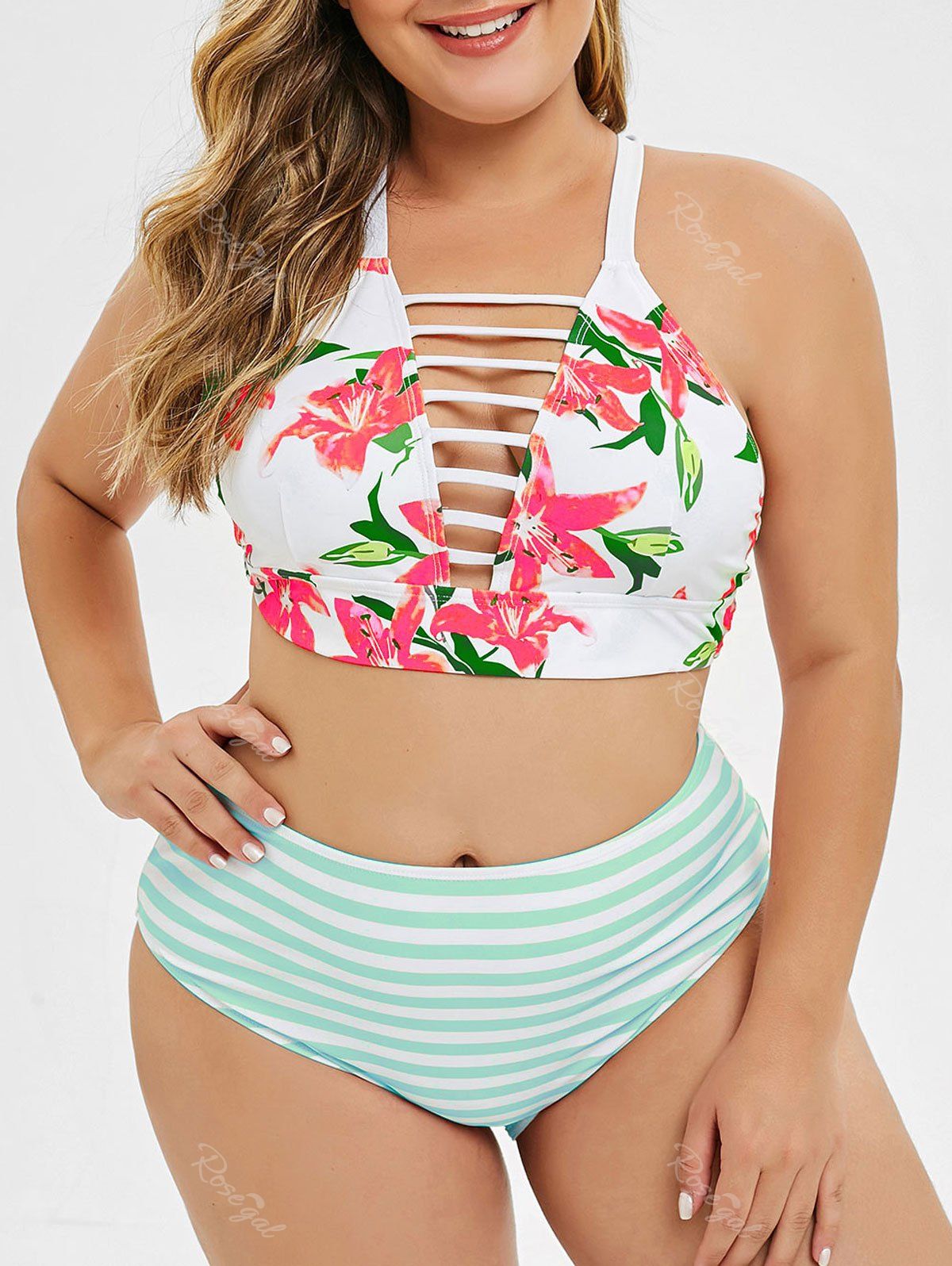 

Strappy Criss Cross Floral Stripes Plus Size Bikini Set, Green
