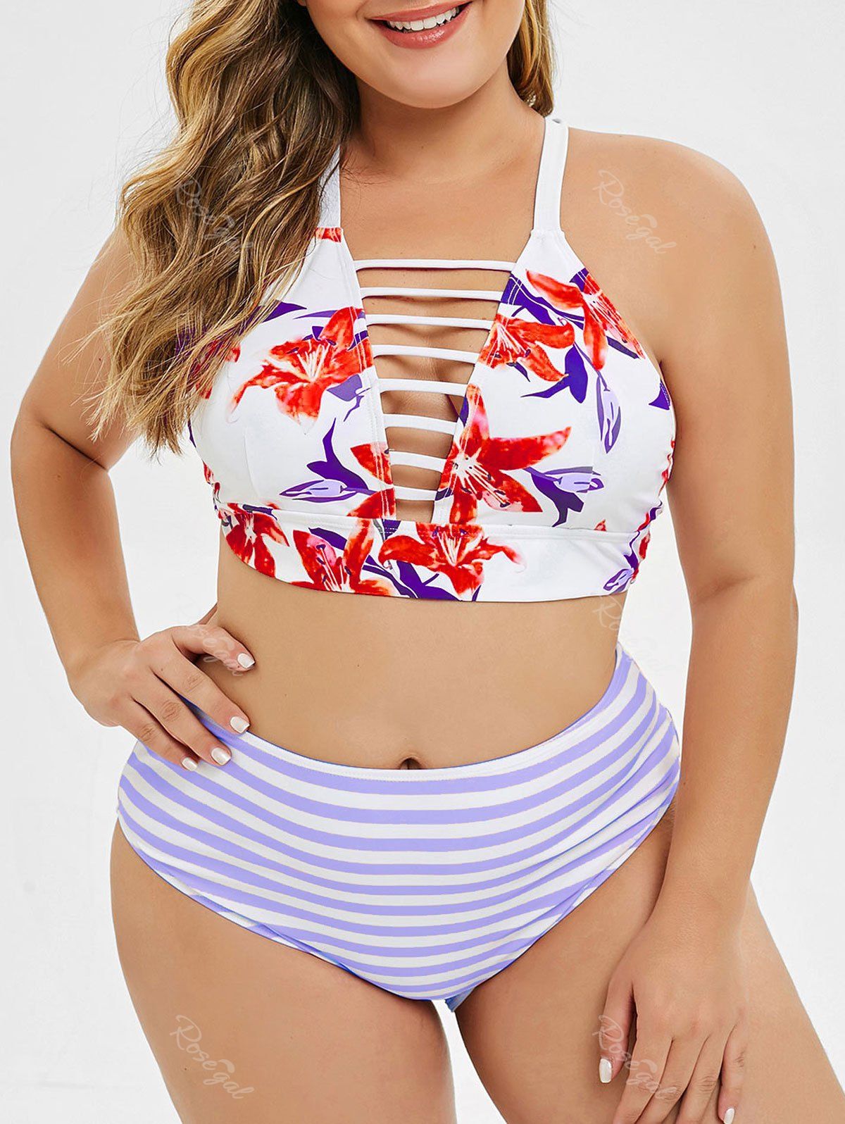 

Strappy Criss Cross Floral Stripes Plus Size Bikini Set, Purple mimosa