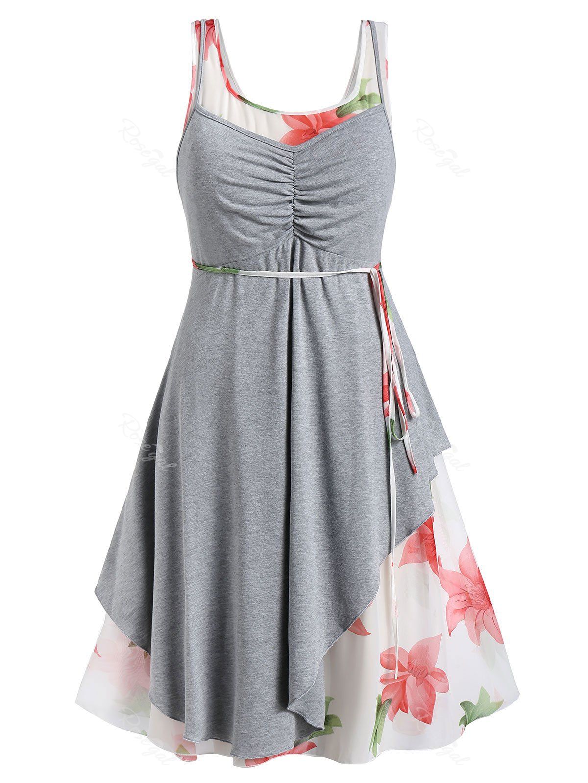 

Plus Size Floral Dress and Ripped Asymmetrical Cami Top Set, Light gray