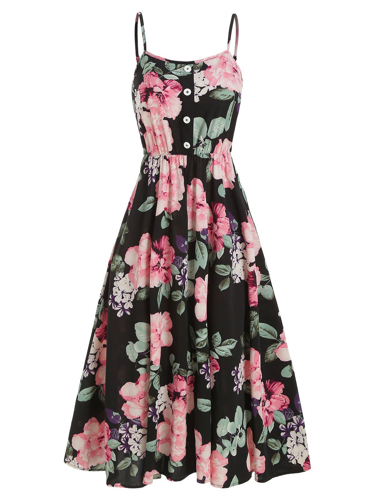 

Flower Leaf Print A Line Spaghetti Strap Dress, Pink