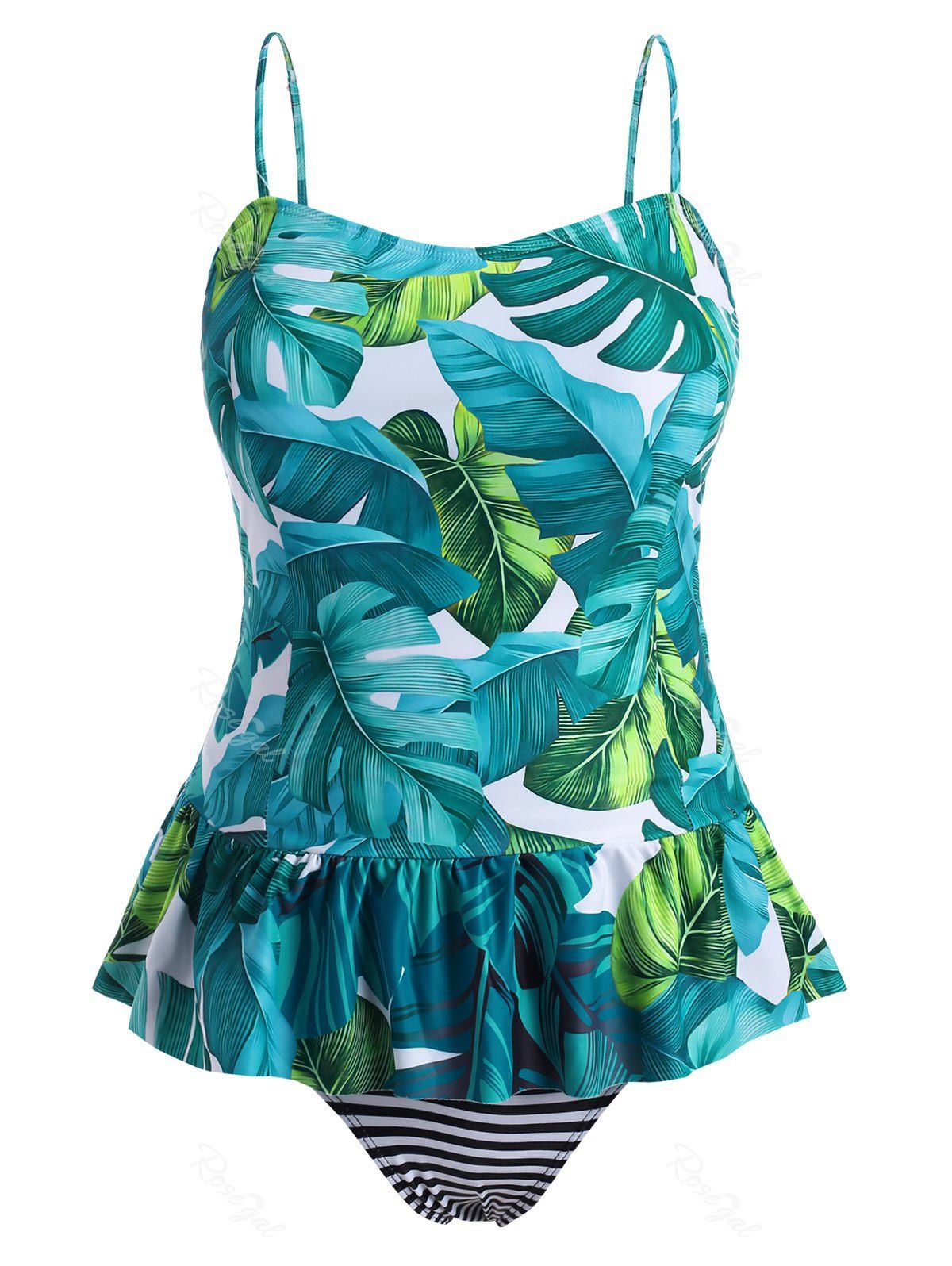 

Plus Size Palm Print Flounce Striped Tankini Swimsuit, Multi-a