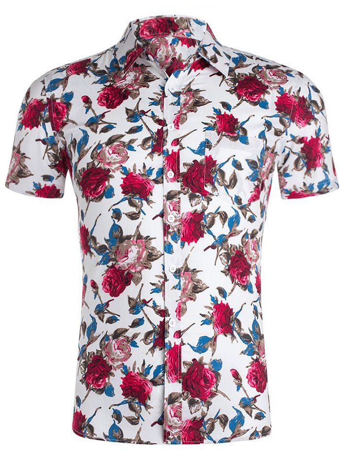 

Flower Print Decoration Short Sleeves Shirt, White
