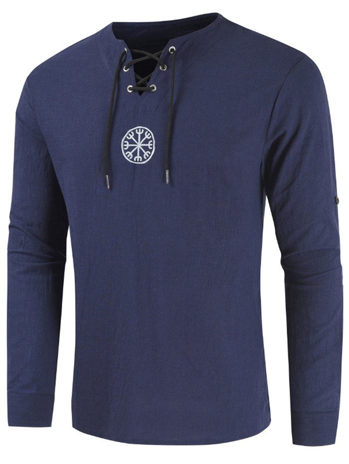 

Lace-up Decoration Long Sleeves T-shirt, Cadetblue