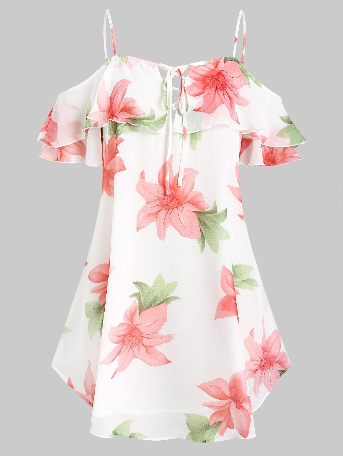 

Plus Size Cold Shoulder Ruffled Floral Chiffon Blouse, White