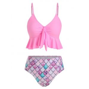 

Knot Flounce Scale Print Mermaid Tankini Swimsuit, Pink