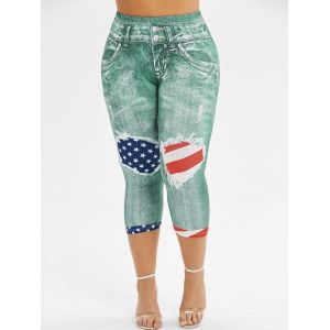

Skinny American Flag 3D Capri Plus Size Jeggings, Green