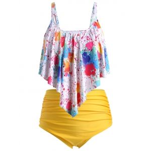 

Plus Size Overlay Splatter Paint High Rise Tankini Swimsuit, Multi a