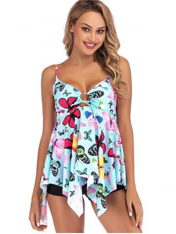 

Knotted Butterfly Print Asymmetric Tankini Swimsuit, Light blue
