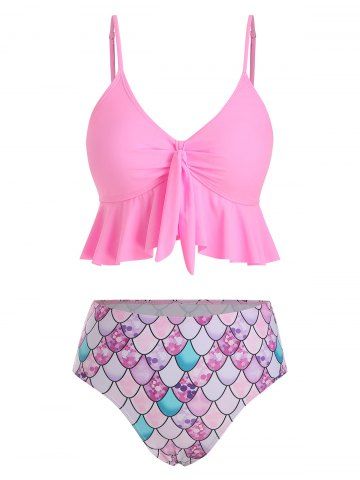 Knot Flounce Scale Print Mermaid Tankini Swimsuit - PINK - S