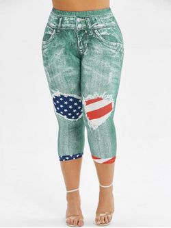 Skinny American Flag 3D Capri Plus Size Jeggings - GREEN - 5X