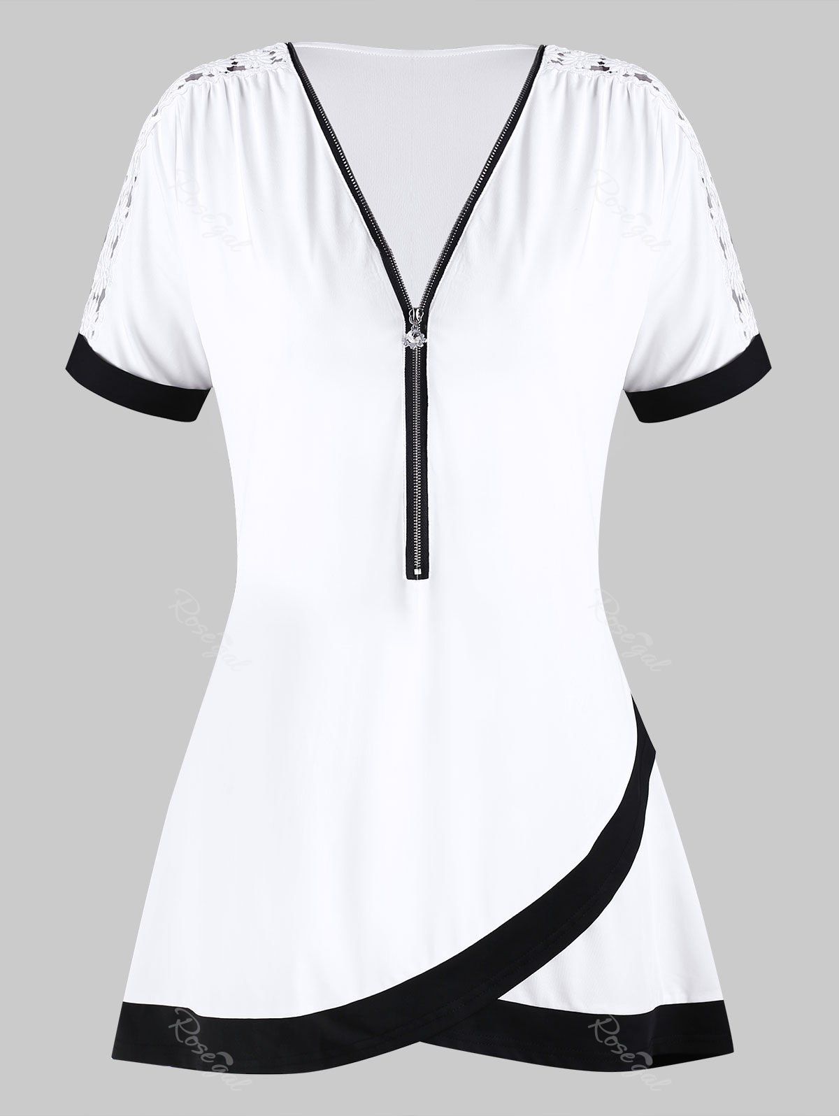 

Plus Size Zippered Applique Two Tone T Shirt, White