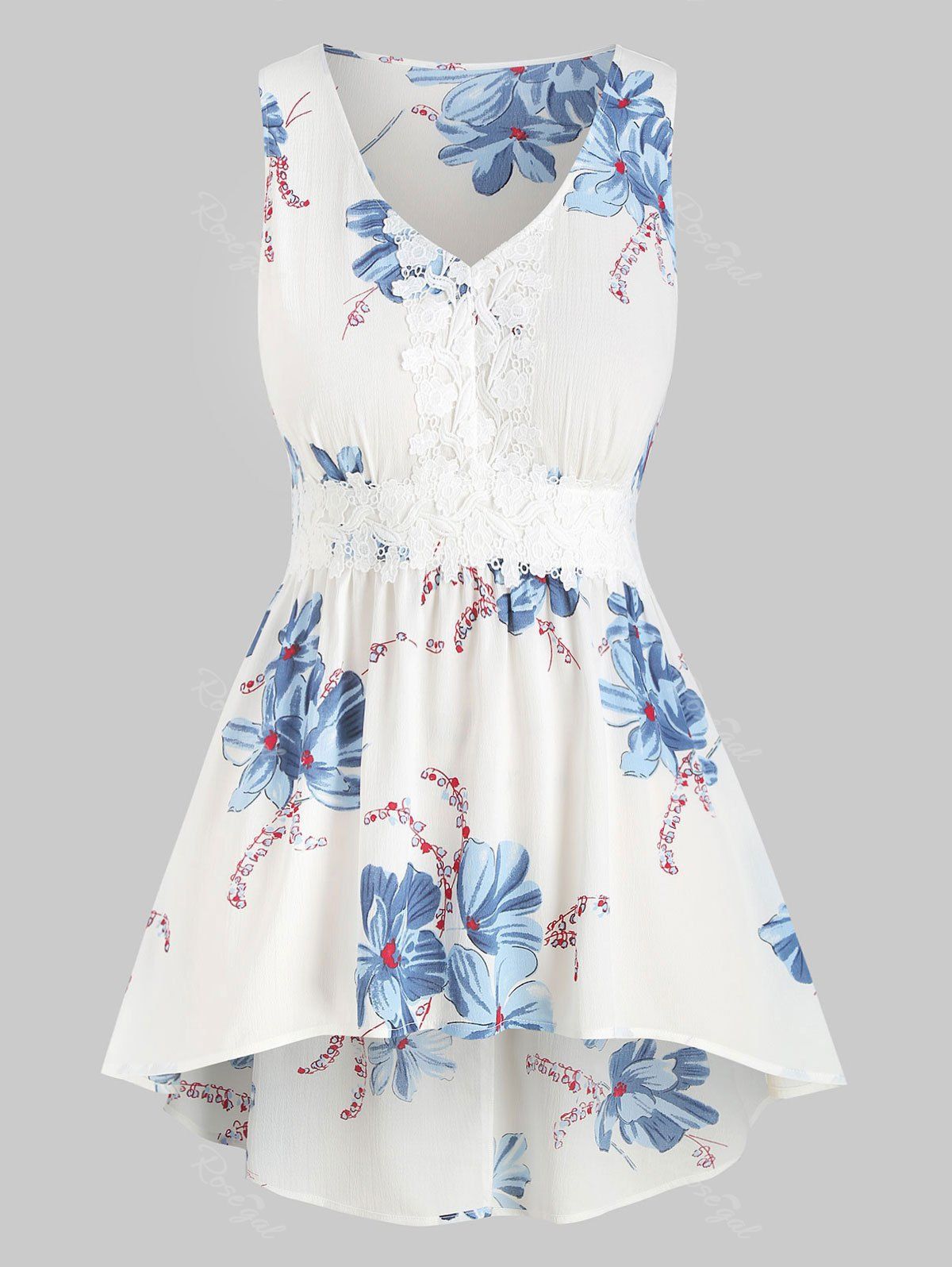 

Plus Size High Low V Neck Floral Print Tank Top, White