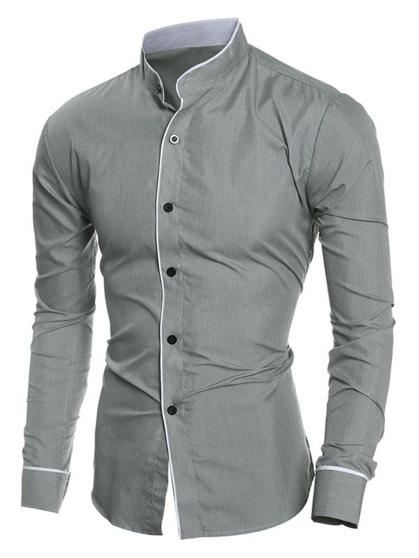 

Contrast Trim Stand Collar Long Sleeve Shirt, Gray