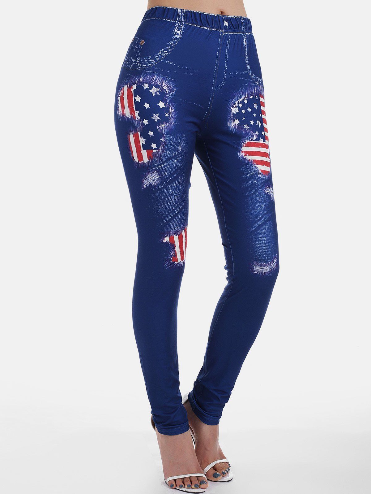 

American Flag Printed Skinny 3D Jeggings, Blueberry blue