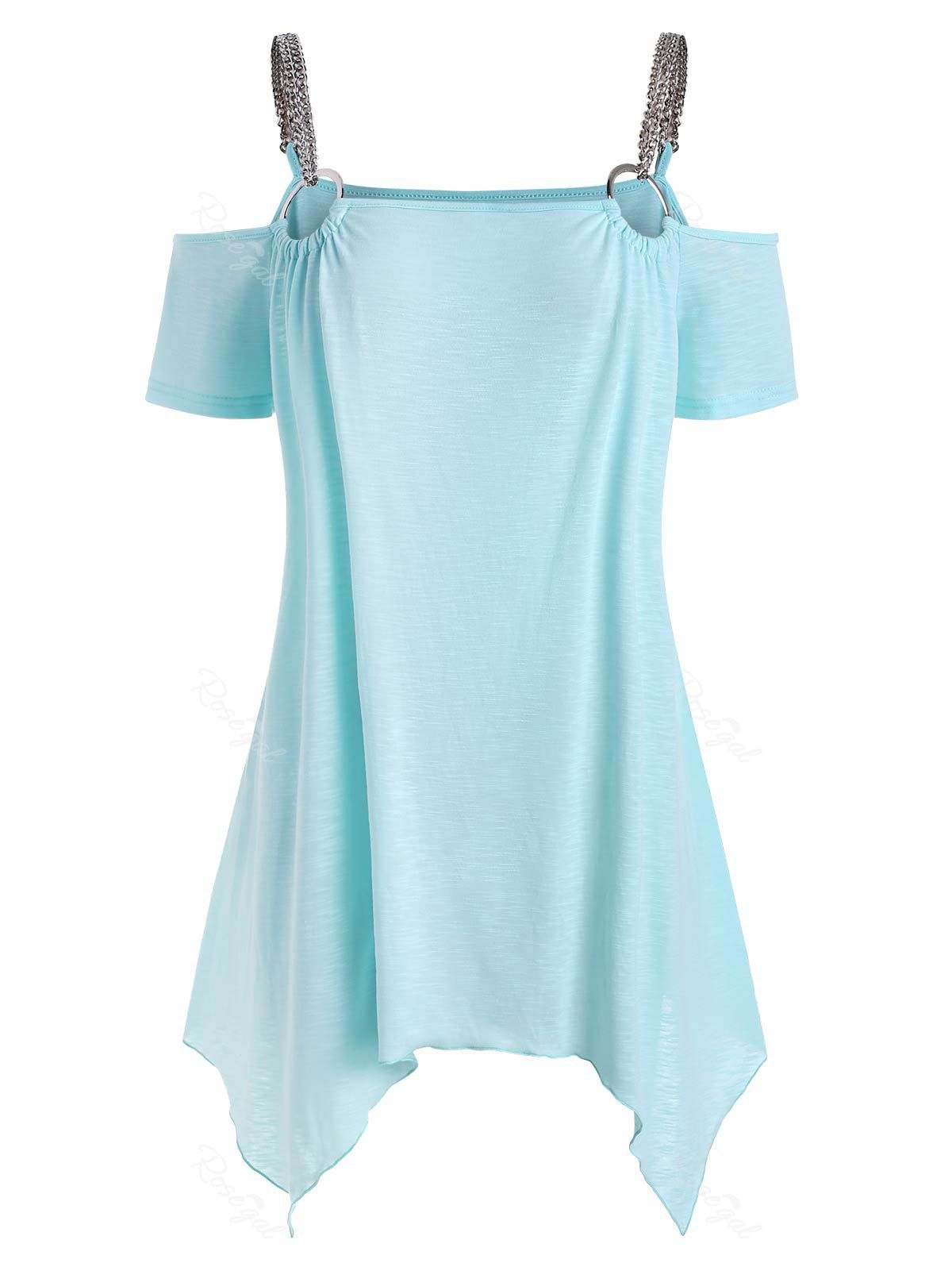 

Plus Size Asymmetrical Chains Strap Open Shoulder Tee, Medium turquoise