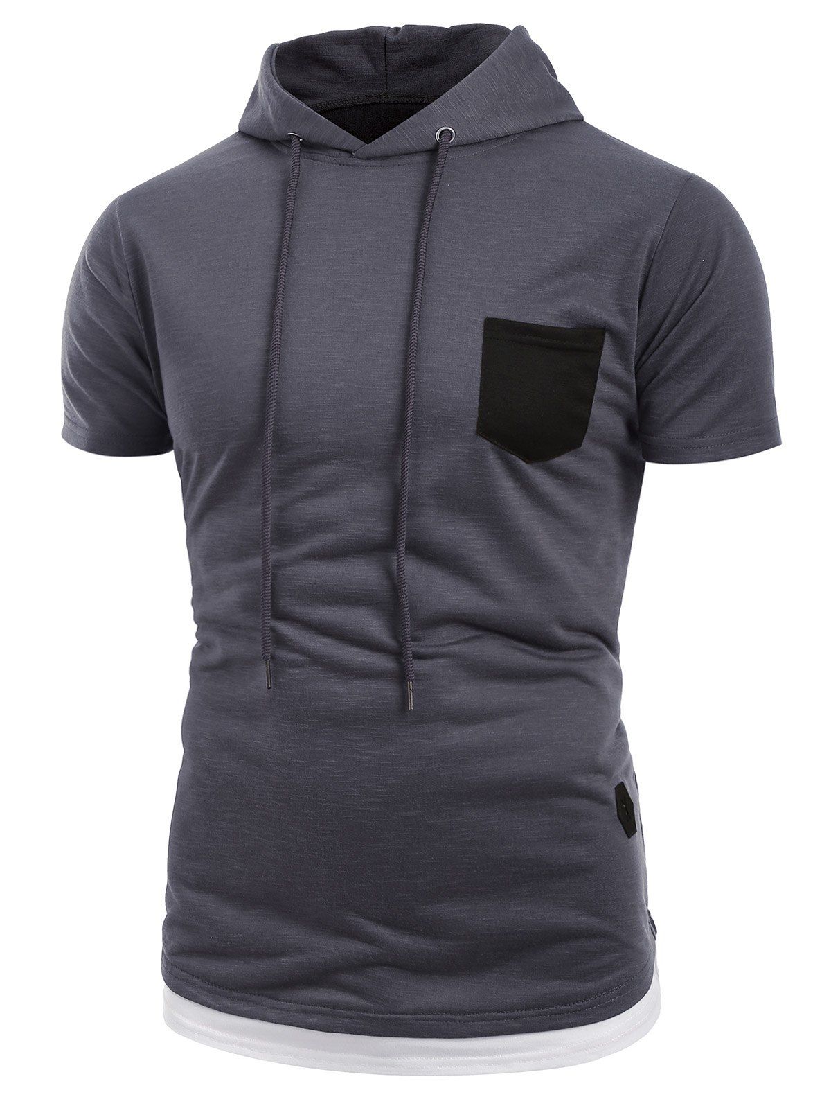 

Pocket Hooded Drawstring Casual T-shirt, Ash gray