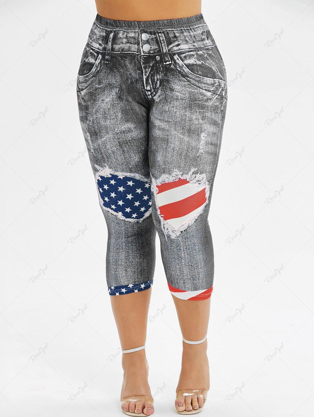 

Skinny American Flag 3D Capri Plus Size Jeggings, Gray
