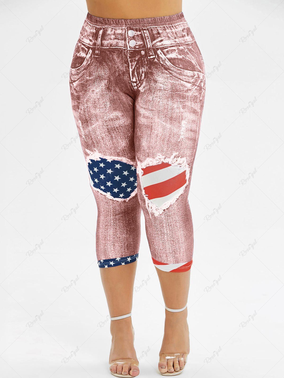 

Skinny American Flag 3D Capri Plus Size Jeggings, Pink
