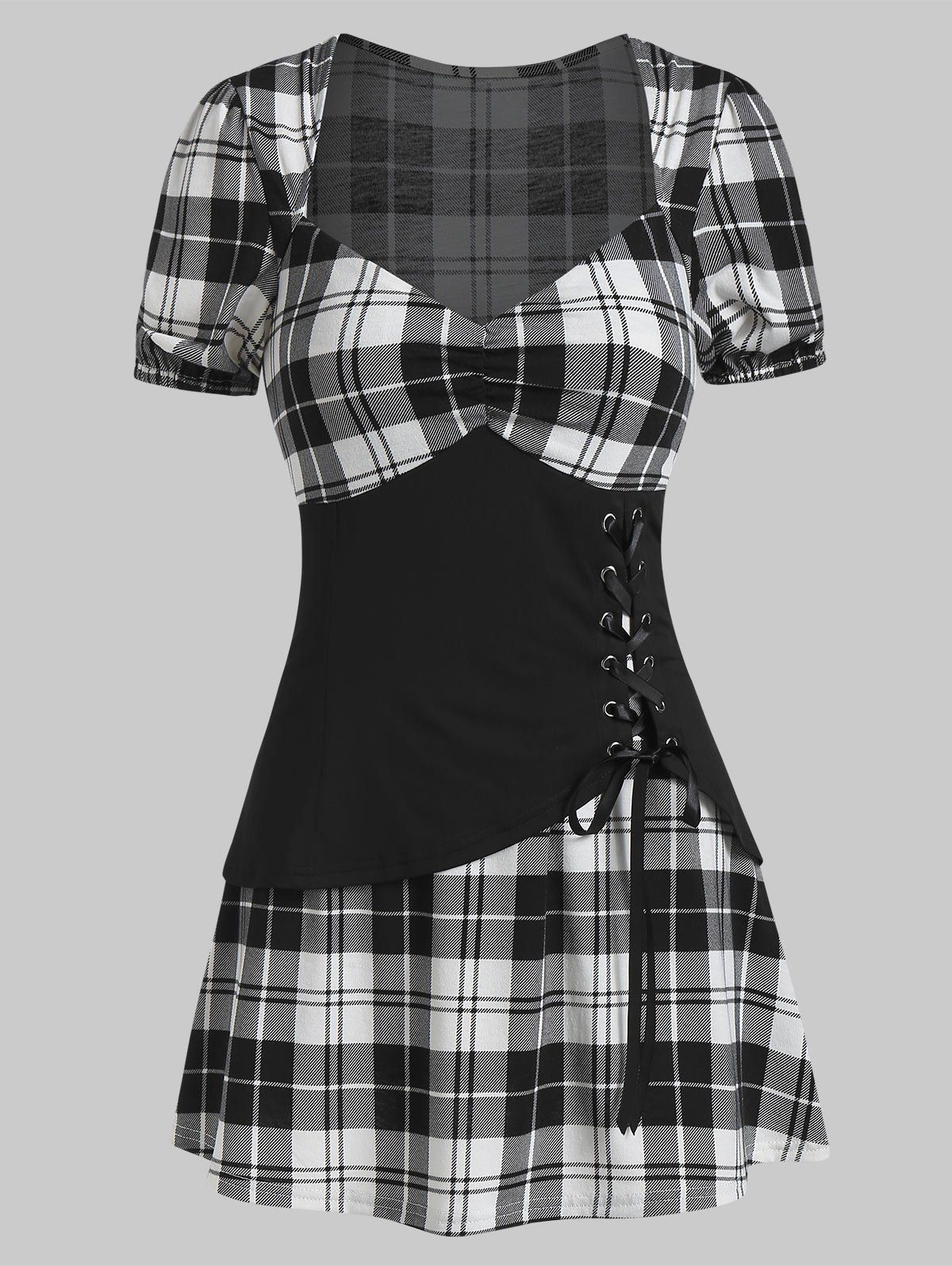 

Plaid Print Lace-up Faux Twinset T-shirt, Black