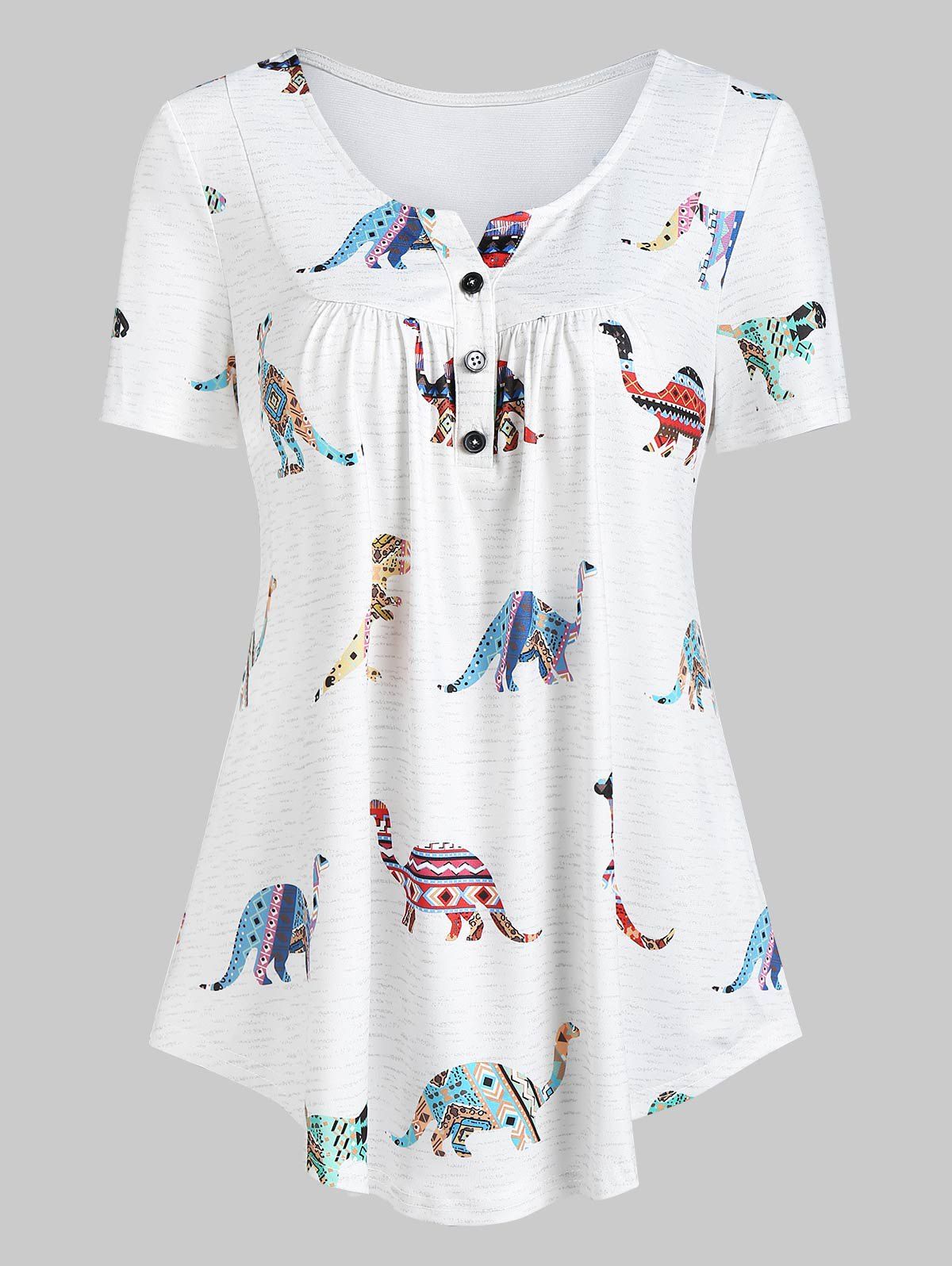 

Dinosaur Print Half Button Curved Casual Blouse, White