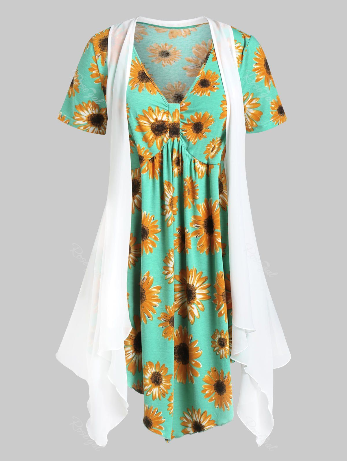 

Plus Size Flower Print Tunic T-shirt and Open Cardigan Set, White