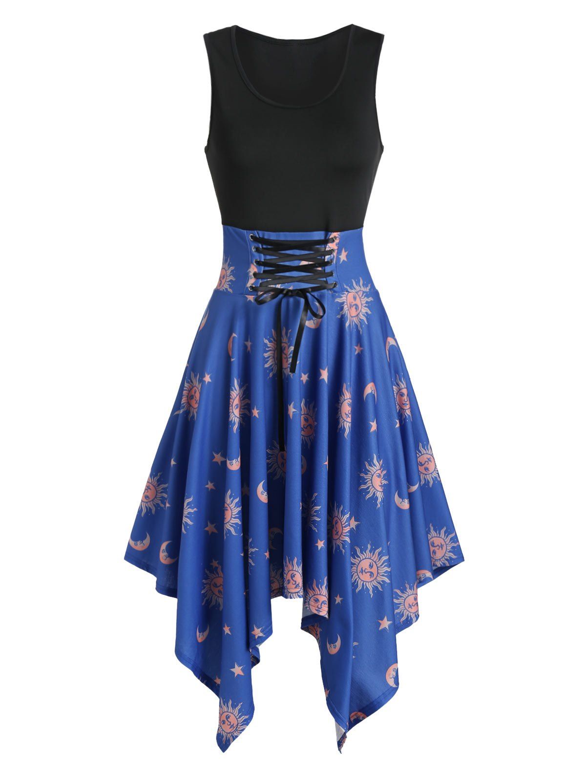 

Asymmetric Moon and Sun Print Lace-up Dress, Dark slate blue