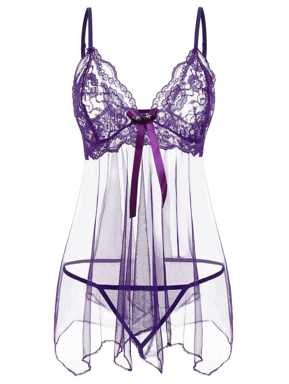 

Lace Panel See Through Mesh Babydoll Set, Purple iris