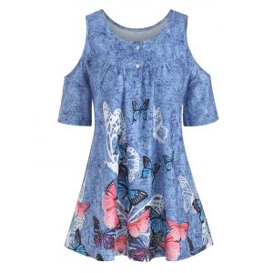 

Denim Butterfly Print Open Shoulder Button Yoke T-shirt, Cornflower blue