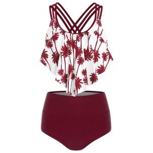 

Palm Tree Print Strappy Tankini Swimsuit, Red wine