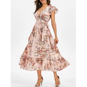 

Floral Print Flounced Midi Surplice Dress, Pink