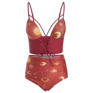 

Lace Up Ruched Sun and Moon Tankini Swimsuit, Red wine