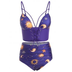 

Lace Up Ruched Sun and Moon Tankini Swimsuit, Purple