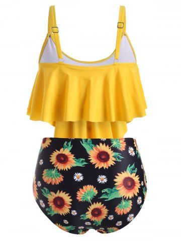 

Plus Size Overlay Sunflower Print Ruched Bikini Set, Mustard