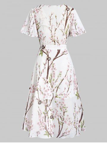 

Flower Print Lace-up High Low Midi Dress, White