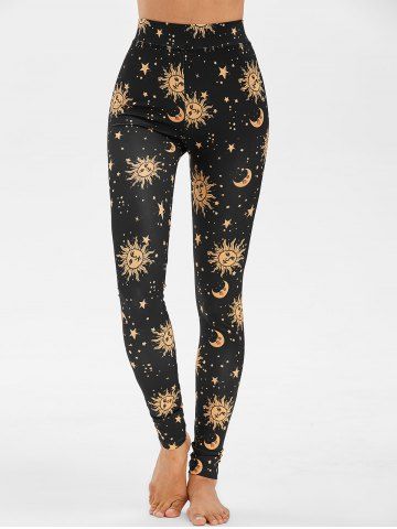 

Skinny Sun Moon and Star Print Leggings, Black