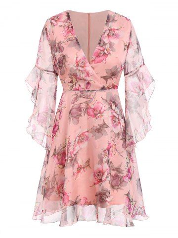 

Surplice Floral Flare Sleeve Dress, Pink