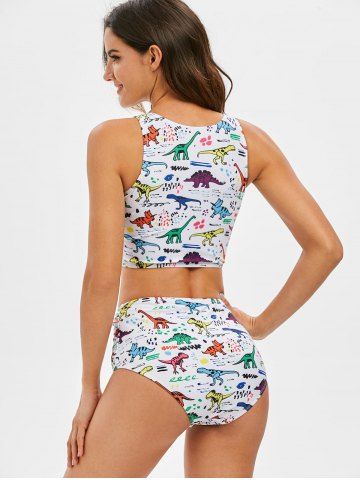 

Dinosaur Print Ruched Crop Top Tankini Swimwear, White