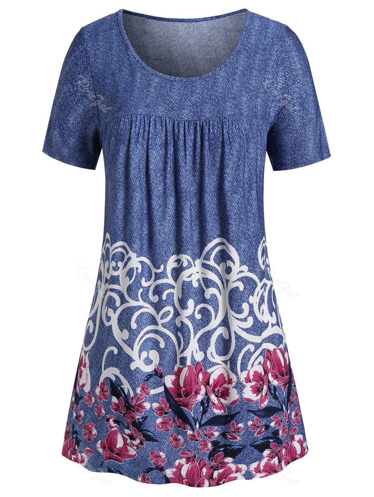 

Plus Size Floral Print Flare T Shirt, Denim dark blue